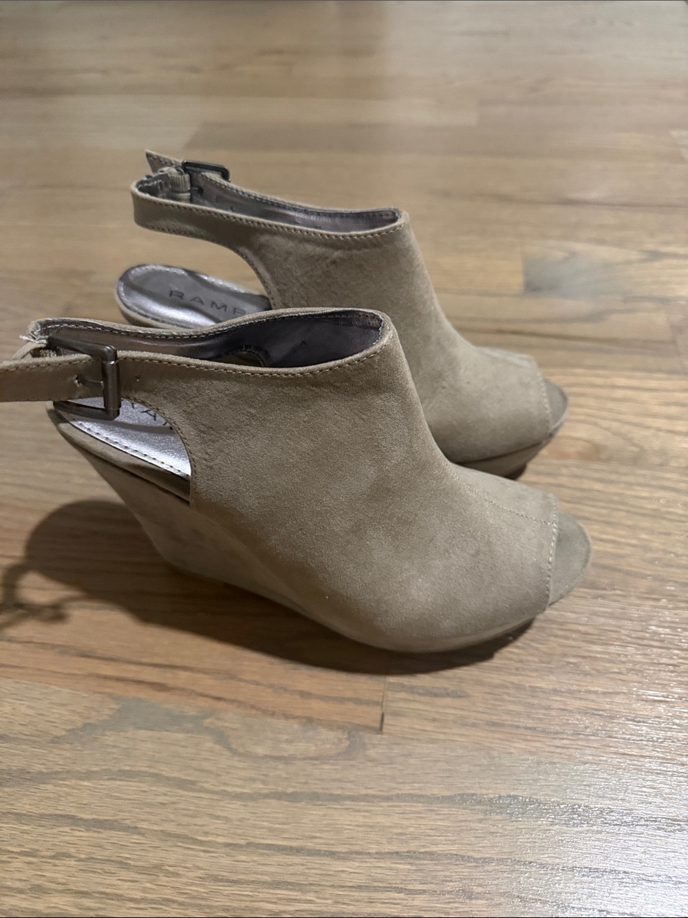 Women's Rampage Taupe Suede Peep-Toe Wedge Sandals